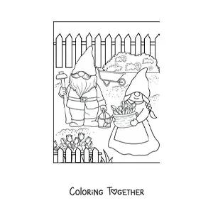 Coloring page of a couple of gnomes planting flowers in the garden