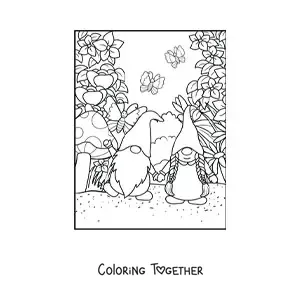 Coloring page of a couple of gnomes in love in a garden with butterflies and flowers
