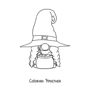 Coloring page of a Halloween gnome with a cauldron