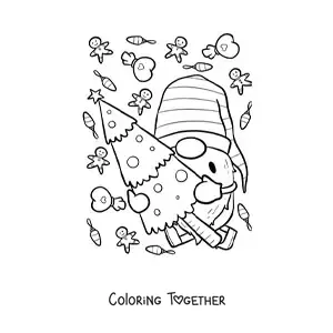 Coloring page of a Christmas gnome with a little tree