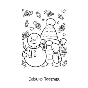 Coloring page of a Christmas gnome with a snowman