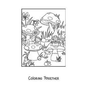 Coloring page of a couple of gnomes sitting on mushrooms