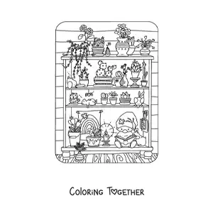Coloring page of a gnome reading on a shelf with plants
