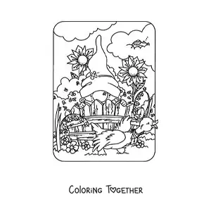 Coloring page of a cute gnome in a garden with flowers