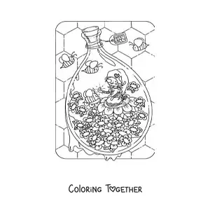 Coloring page of a gnome sitting in a garden with bees