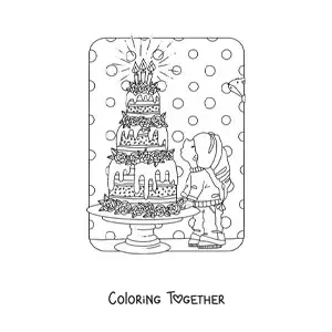 Coloring page of a kawaii gnome with a birthday cake