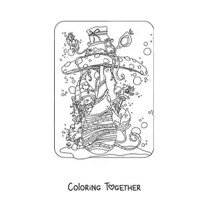 Coloring page of a cute gnome hiding behind a mushroom