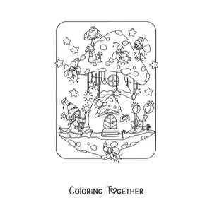 Coloring page of a magic gnome and animated fireflies in a mushroom-shaped house