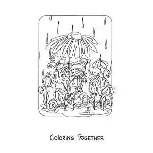Coloring page of a kawaii gnome using a flower as an umbrella