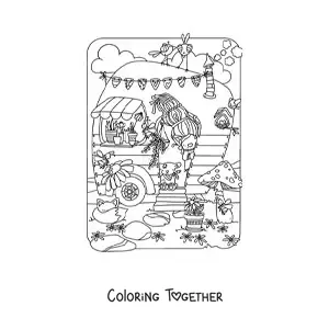 Coloring page of a gnome woman in her magic house