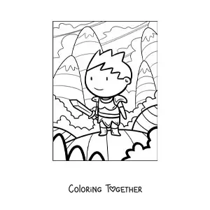 Coloring page of an animated knight with a sword in the mountains