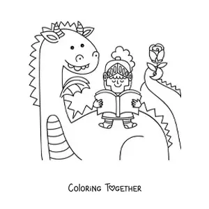 Coloring page of a kawaii knight reading a book sitting on a dragon