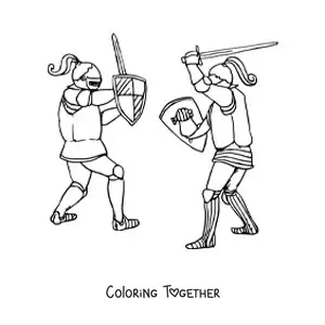 Coloring page of an epic duel of medieval knights