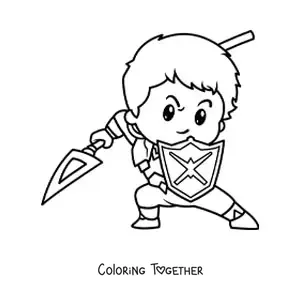 Coloring page of an animated heroic knight fighting