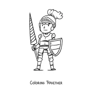 Coloring page of an animated heroic knight