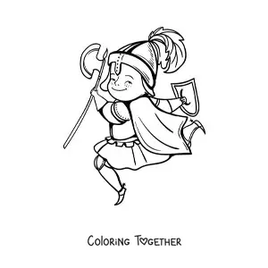 Coloring page of an animated medieval knight jumping
