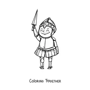 Coloring page of an animated medieval knight with a sword