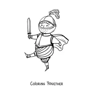Coloring page of an animated knight with a helmet