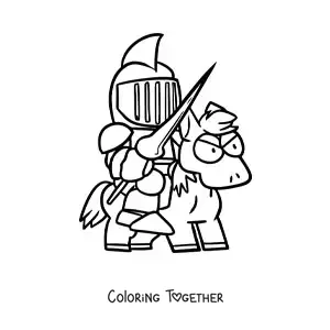 Coloring page of a cartoon of a knight on a horse