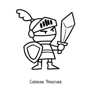 Coloring page of a cartoon of a knight with sword and shield