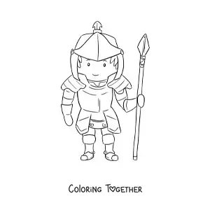 Coloring page of an animated knight with armor and spear