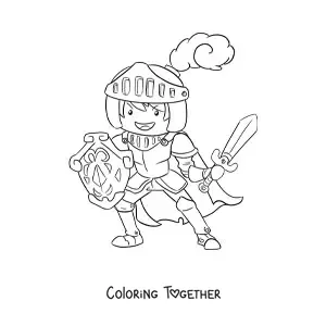 Coloring page of an animated knight with sword and shield