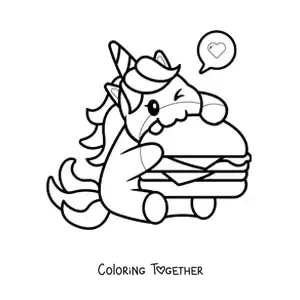Coloring page of a kawaii unicorn eating a giant hamburger with a heart