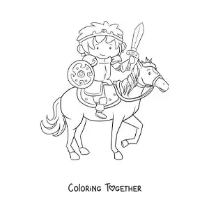 Coloring page of an animated knight with sword and shield riding a horse