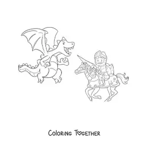 Coloring page of an animated heroic knight fighting a dragon