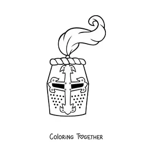 Coloring page of a medieval knight's helmet from the front