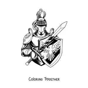 Coloring page of a realistic knight with sword and shield