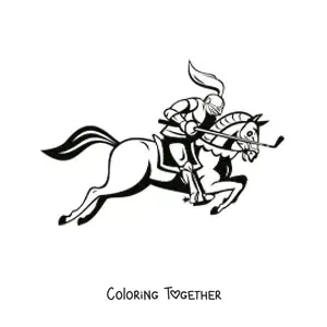 Coloring page of a knight with a golf club on a horse