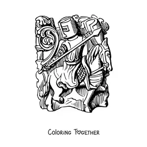 Coloring page of a knight with a spear and shield on his steed