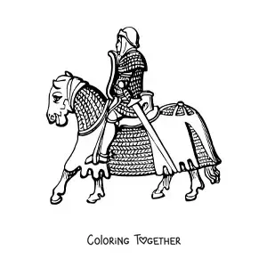 Coloring page of a knight riding a horse with armor