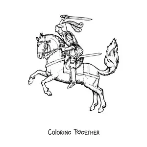 Coloring page of a knight in shining armor on his steed