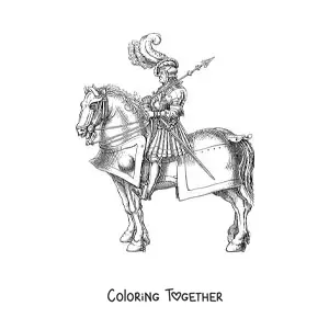 Coloring page of a realistic knight in shining armor on his steed