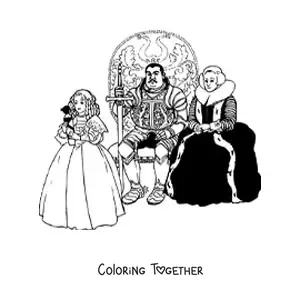 Coloring page of a realistic king and queen sitting on thrones