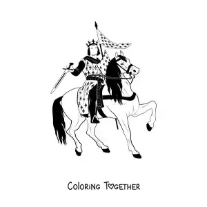 Coloring page of a king with a sword fighting on a horse