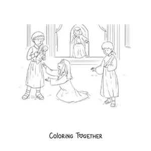 Coloring page of a king and his subjects
