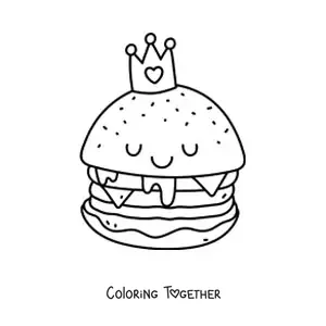 Coloring page of a kawaii hamburger with melted cheese and a crown