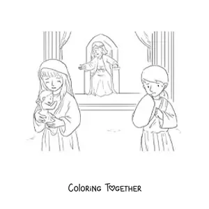 Coloring page of a king and his subjects