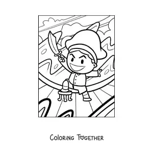 Coloring page of an animated evil pirate with a sword on a ship
