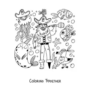 Coloring page of an animated old pirate with sea animals