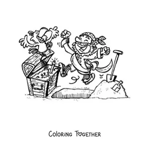 Coloring page of an animated pirate with his parrot digging up a treasure