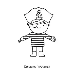 Coloring page of a boy dressed as a pirate with a hook