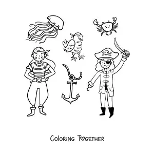 Coloring page of a pirate with a pirate girl and a parrot