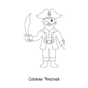 Coloring page of an old cartoon pirate with a sword