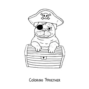 Coloring page of a cartoon pirate pug