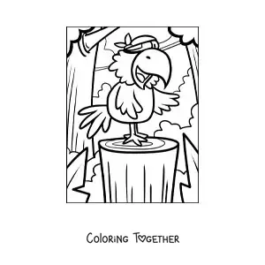 Coloring page of a cartoon pirate parrot on an island