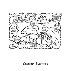 Coloring page of a treasure island on a map